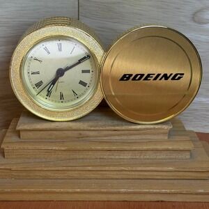 Boeing Desk Clock Gold Tone Analog Quartz Alarm Travel Folding Case